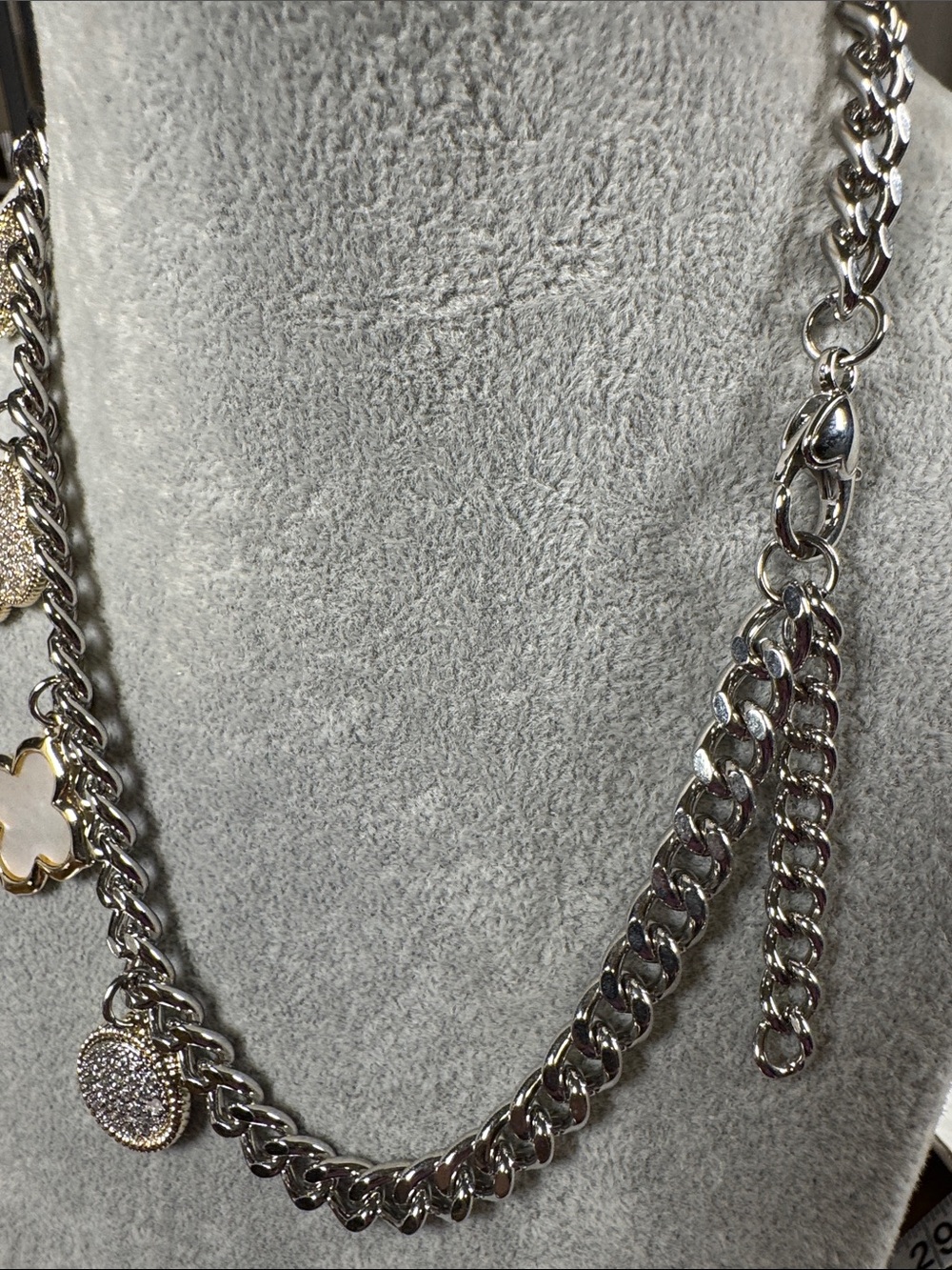 Silver Tone Charm Necklace with Crystal Pave’ and Mother-of-Pearl Accents - Picture 3 of 4